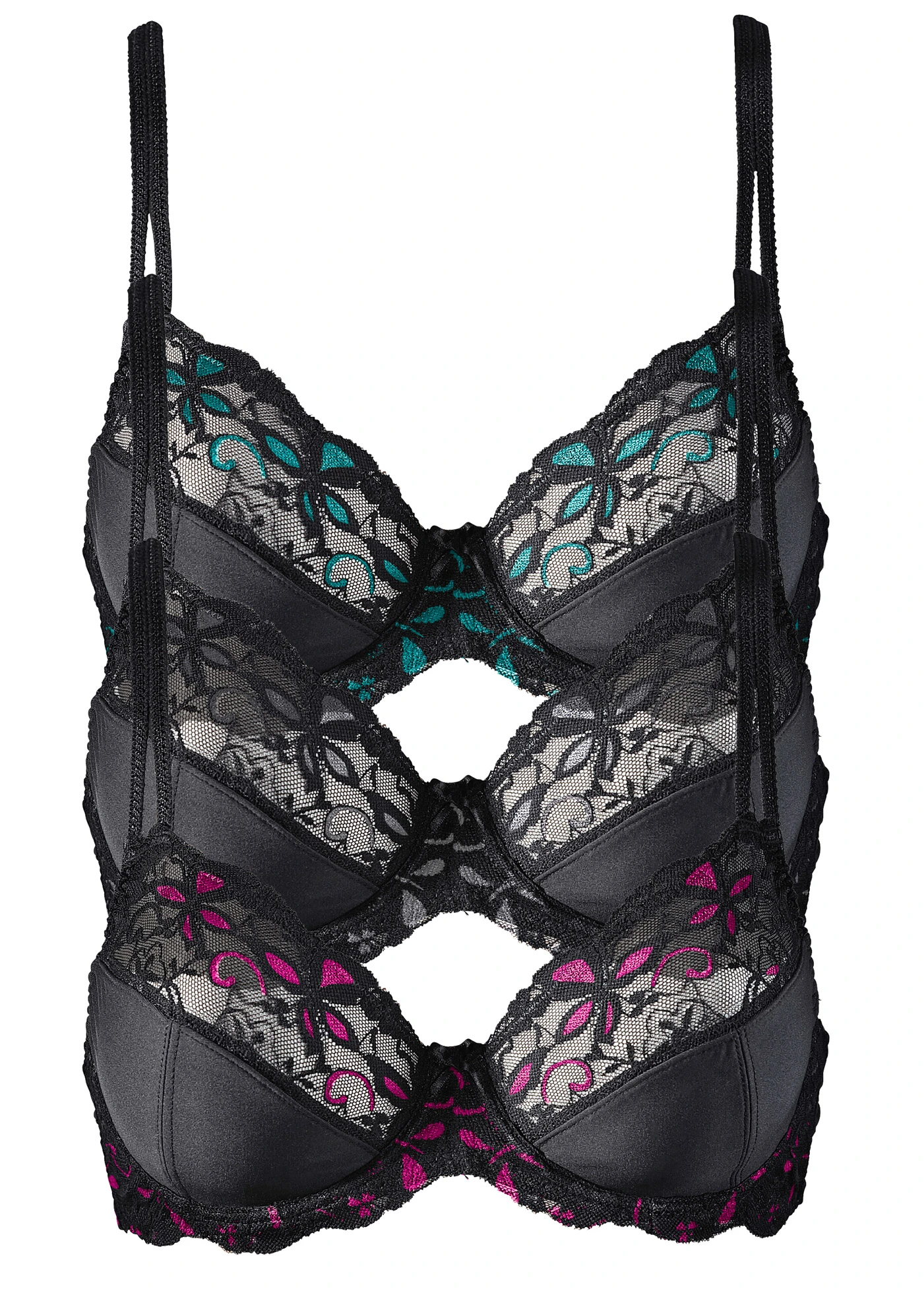 Beugel bh met fijne kant (set van 3) • zwart-pink+zwart-grijs+zwart-turkoois • bonprix online shop
