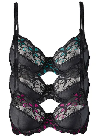 Beugel bh met fijne kant (set van 3) • zwart-pink+zwart-grijs+zwart-turkoois • bonprix online shop