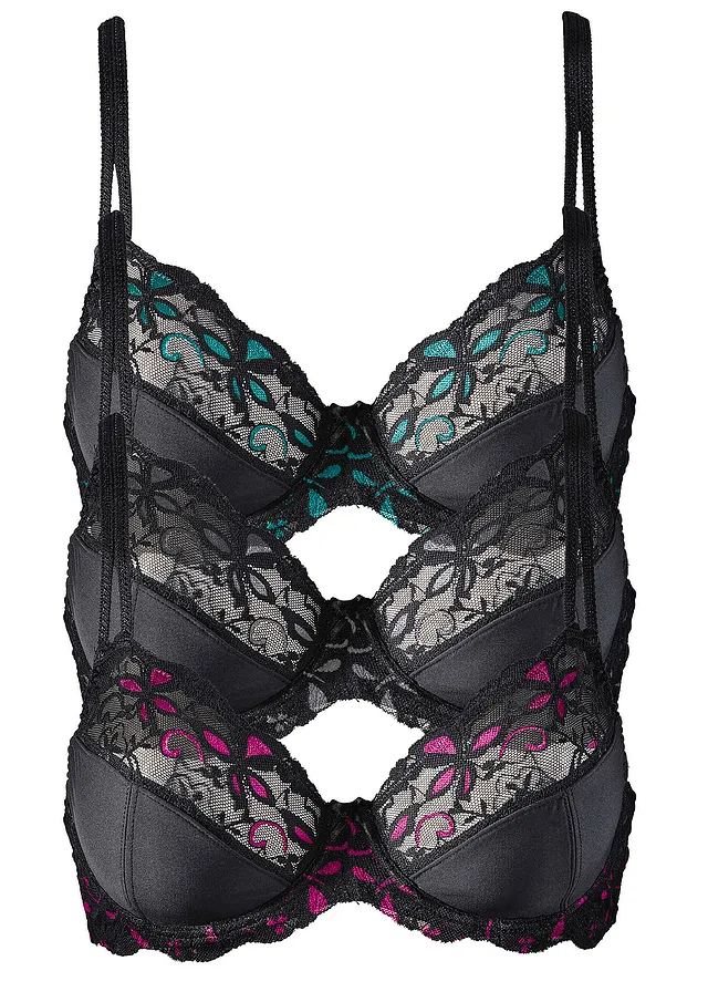 Beugel bh met fijne kant (set van 3) • zwart-pink+zwart-grijs+zwart-turkoois • bonprix online shop