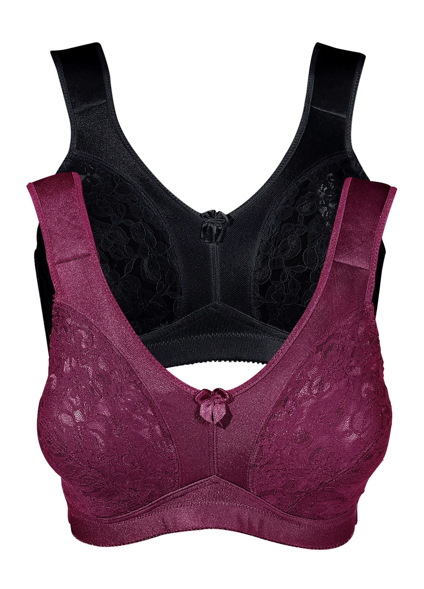 Odlehčující podprsenka bez kostic, s polstrovanými ramínky (2 ks v balení) • černá + bordó • bonprix obchod