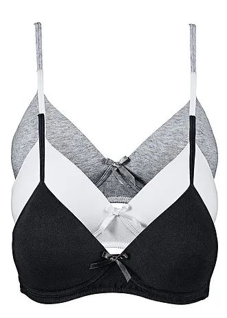 Lot de 3 soutiens-gorge coton à coques sans armatures, Couleur: noir blanc gris clair chiné
