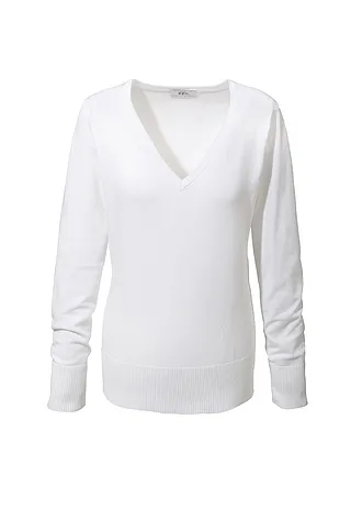 Fijngebreide trui met V-hals, Kleur: wit
