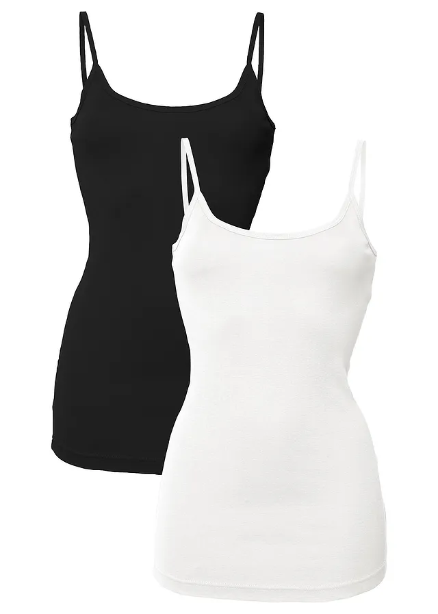 Top s úzkými ramínky, z čisté bavlny (2 ks v balení) • bílá + černá • bonprix obchod