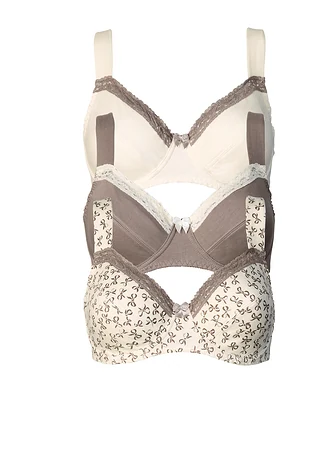 Beugel bh (set van 3) met katoen, Kleur: crème met print+taupe+crème