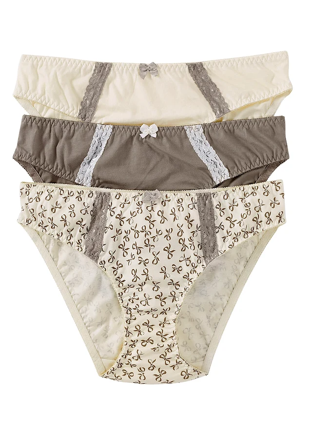 Slip met katoen (set van 3), Kleur: crème met print+taupe+crème