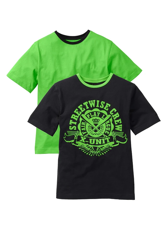 Lot de 2 T-shirts 100% coton, Couleur: noir + vert vif imprimé