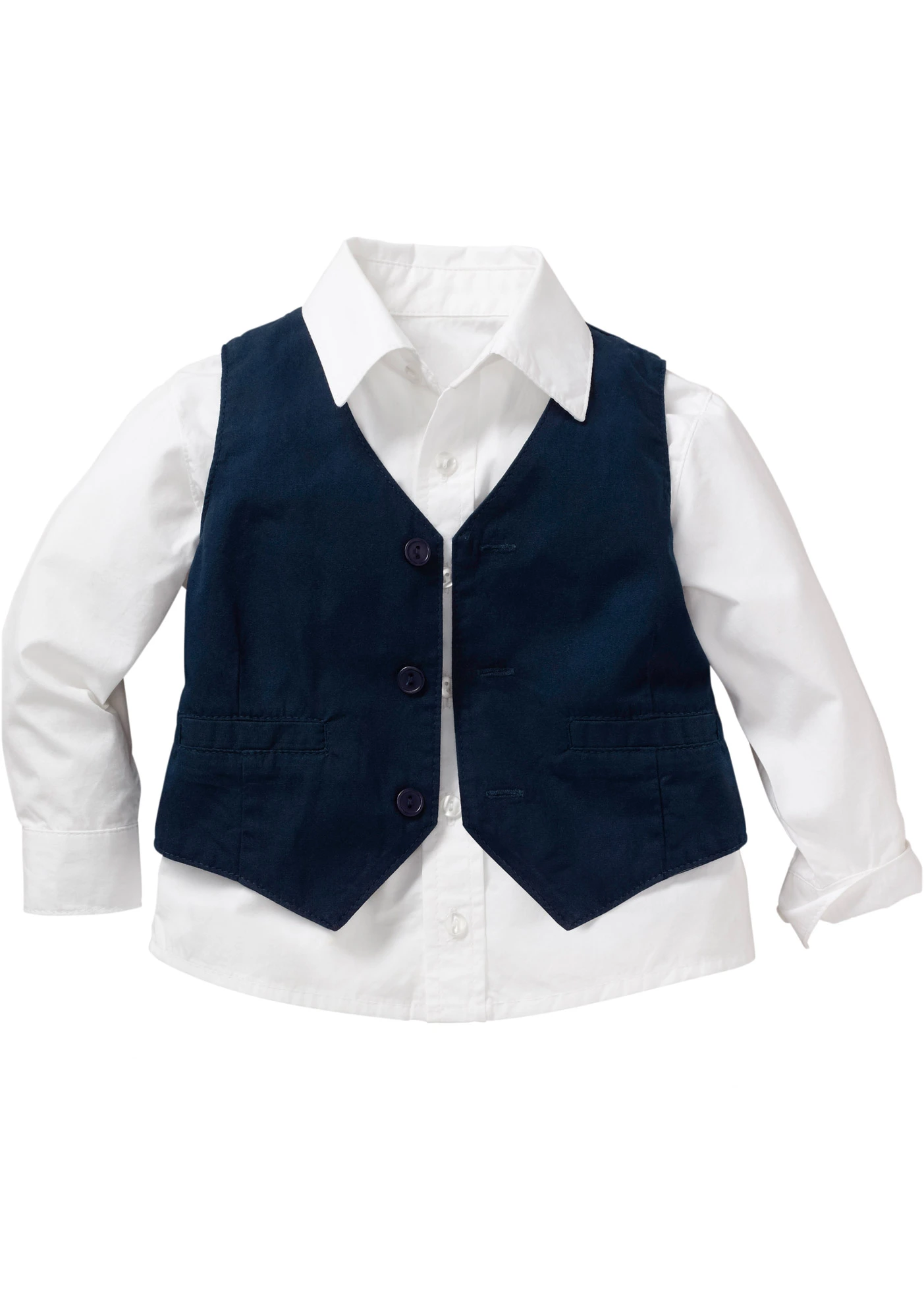 Baby gilet, overhemd en broek (3-dlg. set) • wit-donkerblauw • bonprix online shop
