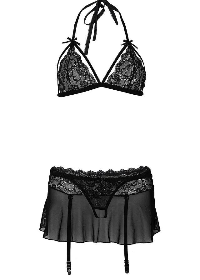 Triangel bh, string en rok (3-dlg. set) • zwart • bonprix online shop