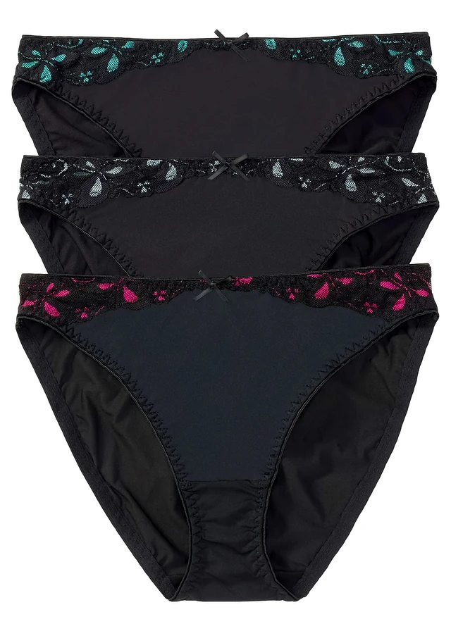 Slip met kant (set van 3), Kleur: zwart-pink+zwart-grijs+zwart-turkoois
