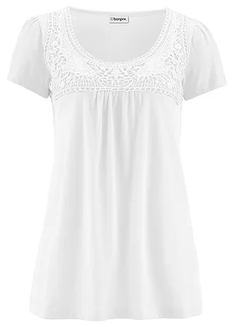 T-shirt coton et dentelle, manches courtes, Couleur: blanc
