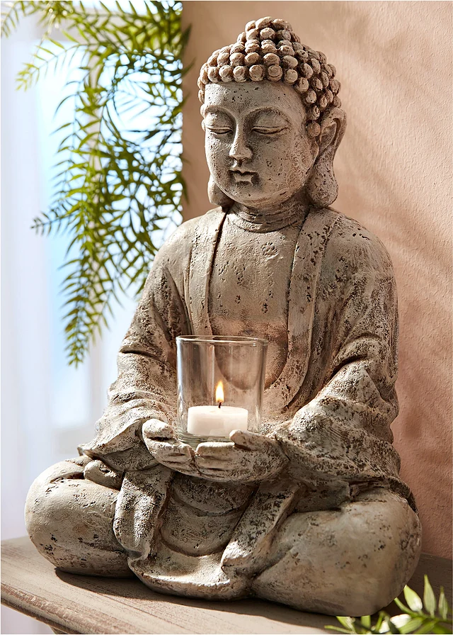Dekorace Buddha se skleničkou na svíčku, barva: šedá
