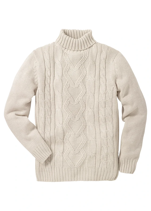 Pull col roulé en maille torsadée, Couleur: naturel