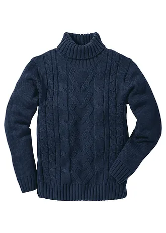 Svetr s rolákovým límcem a copánkovým vzorem, barva: tmavě modrá