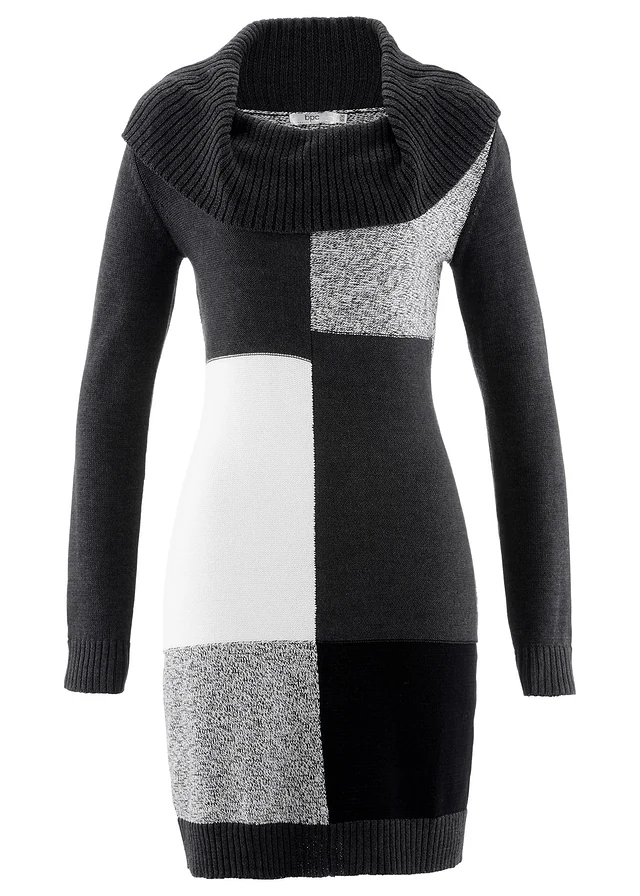 Robe en maille, manches longues, longueur genou, Couleur: anthracite chiné gris clair chiné blanc cassé noir