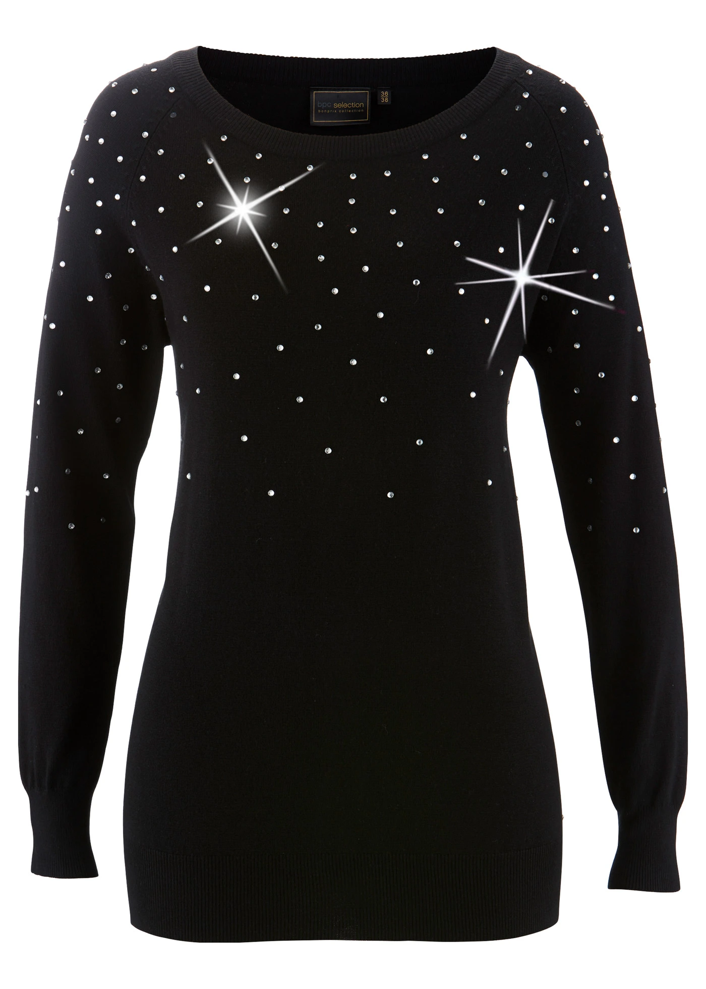 Dlouhý pulovr se třpytivými kamínky • černo-stříbrné tóny • bonprix obchod