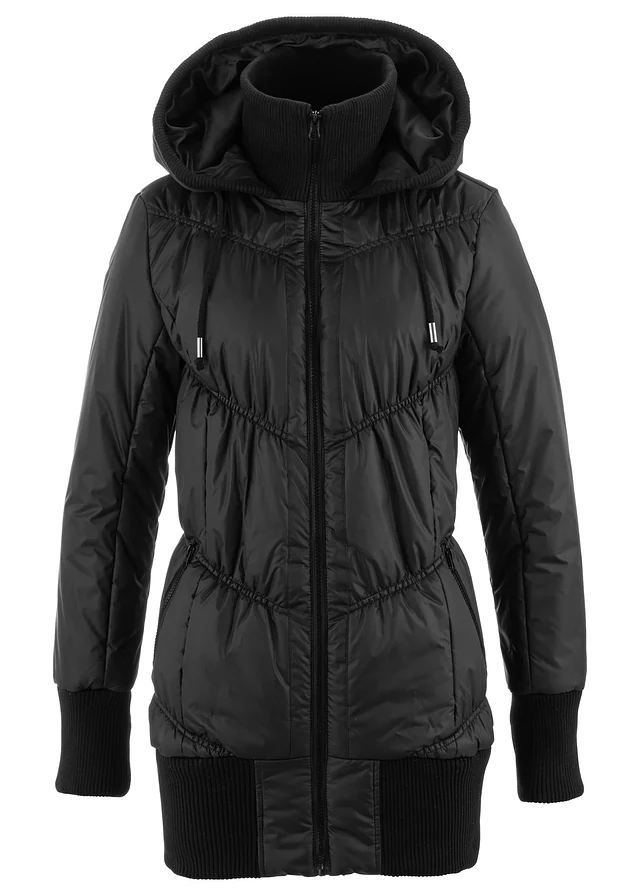Veste matelassée à finitions élastiquées et capuche, Couleur: noir