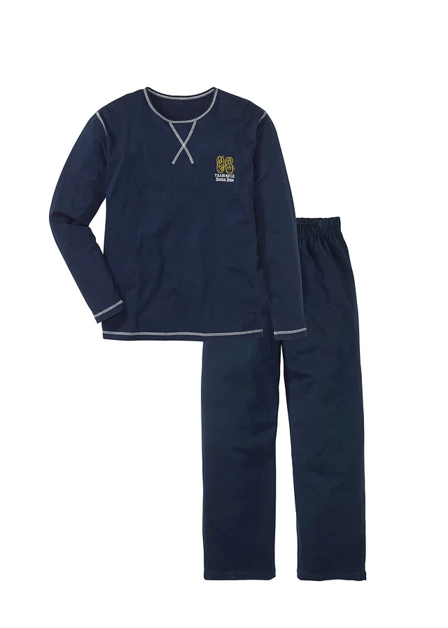 Pyjama 100% coton à manches longues, Couleur: bleu foncé