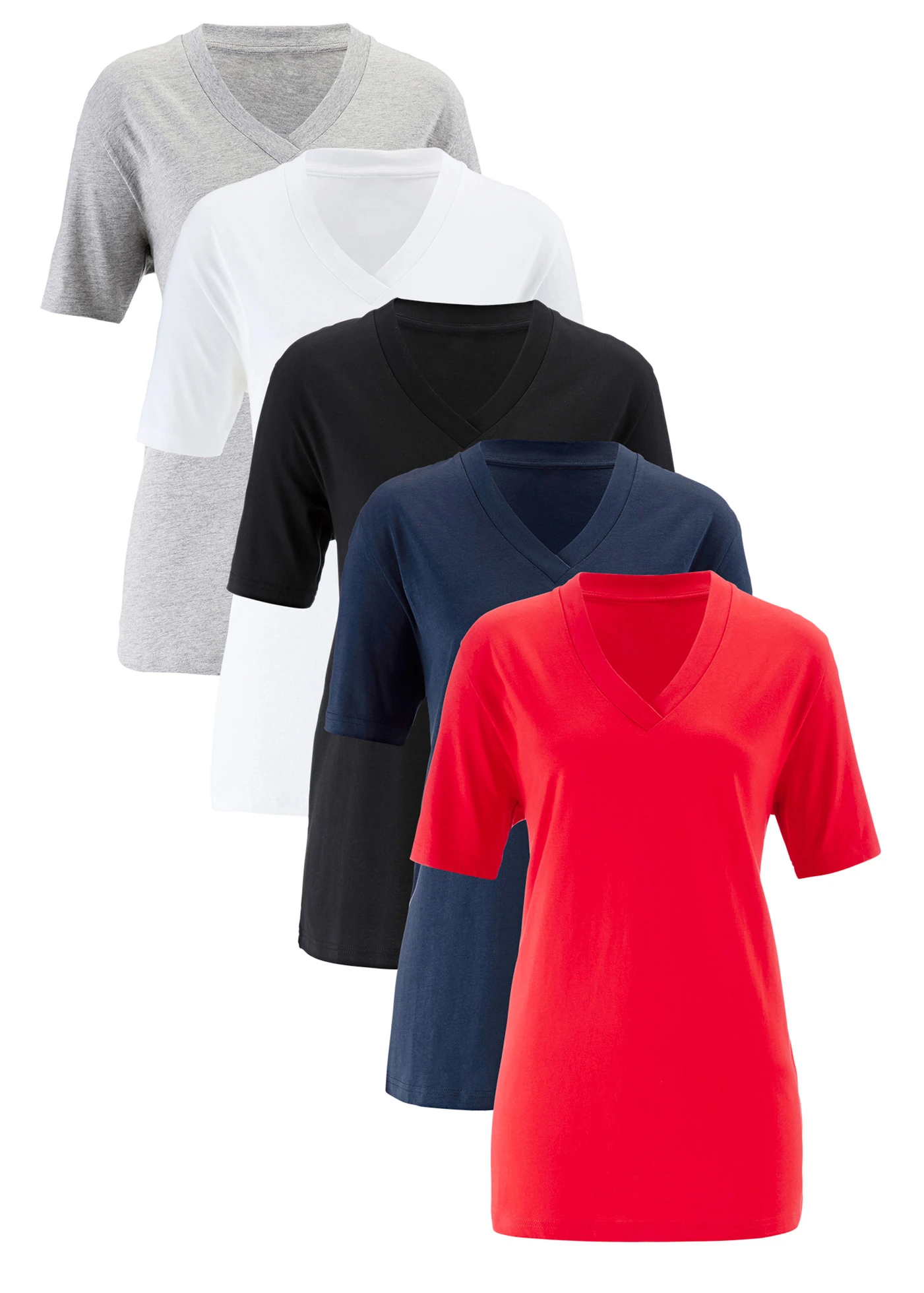 Długi i szeroki T-shirt z dekoltem w serek, krótki rękaw (5 sztuk) • truskawkowy+czarny+biały+jasnoszary melanż+ciemnoniebieski • sklep bonprix