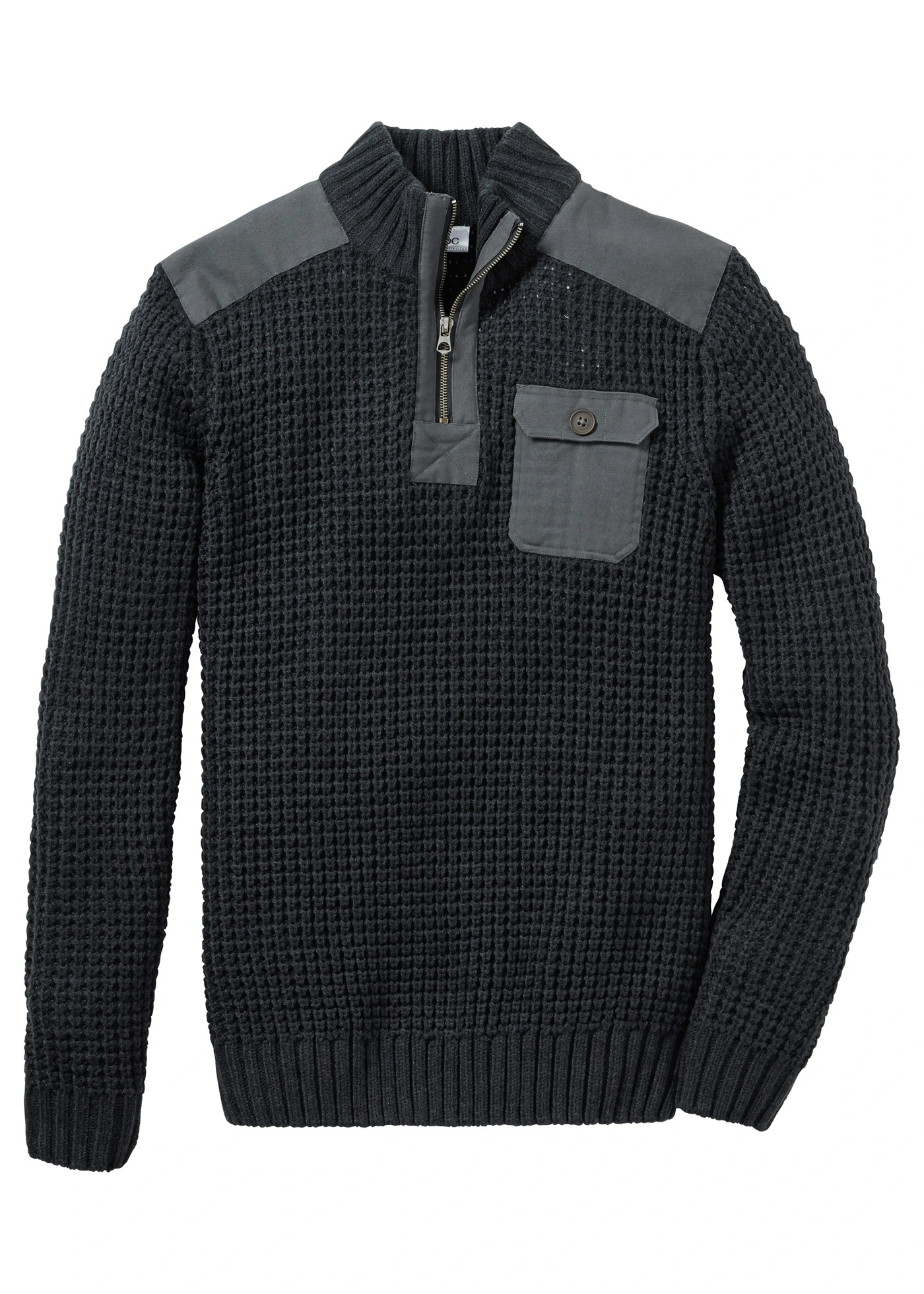 Pull camionneur en grosse maille avec empiècements en tissu • anthracite chiné • Boutique bonprix