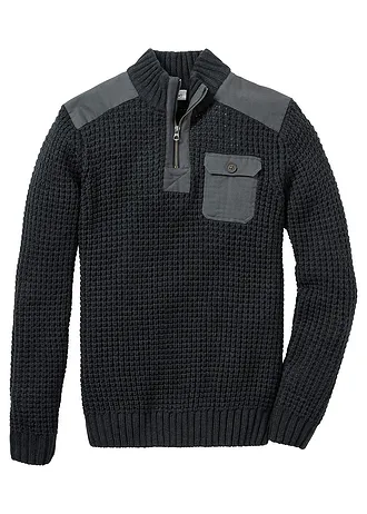 Pull camionneur en grosse maille avec empiècements en tissu • anthracite chiné • Boutique bonprix