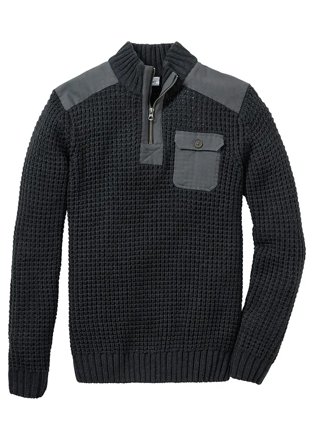 Pull camionneur en grosse maille avec empiècements en tissu • anthracite chiné • Boutique bonprix