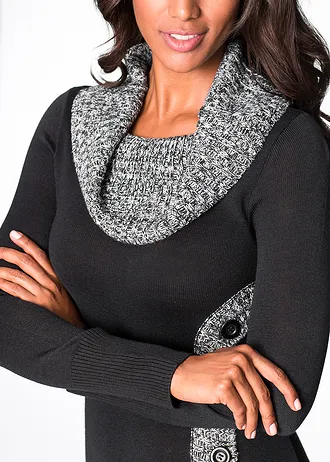 Robe ajustée en maille avec col châle, Couleur: noir chiné