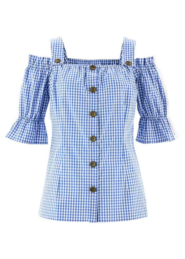 Tiroler blouse, halflange mouw, Kleur: hemelsblauw-wit geruit