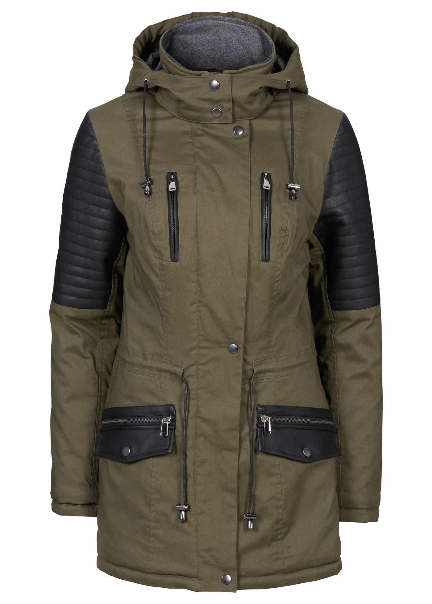 Parka se vsadkami z umělé kůže • khaki-černá • bonprix obchod