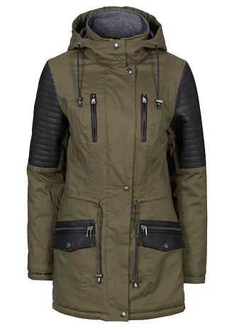 Parka se vsadkami z umělé kůže, barva: khaki-černá