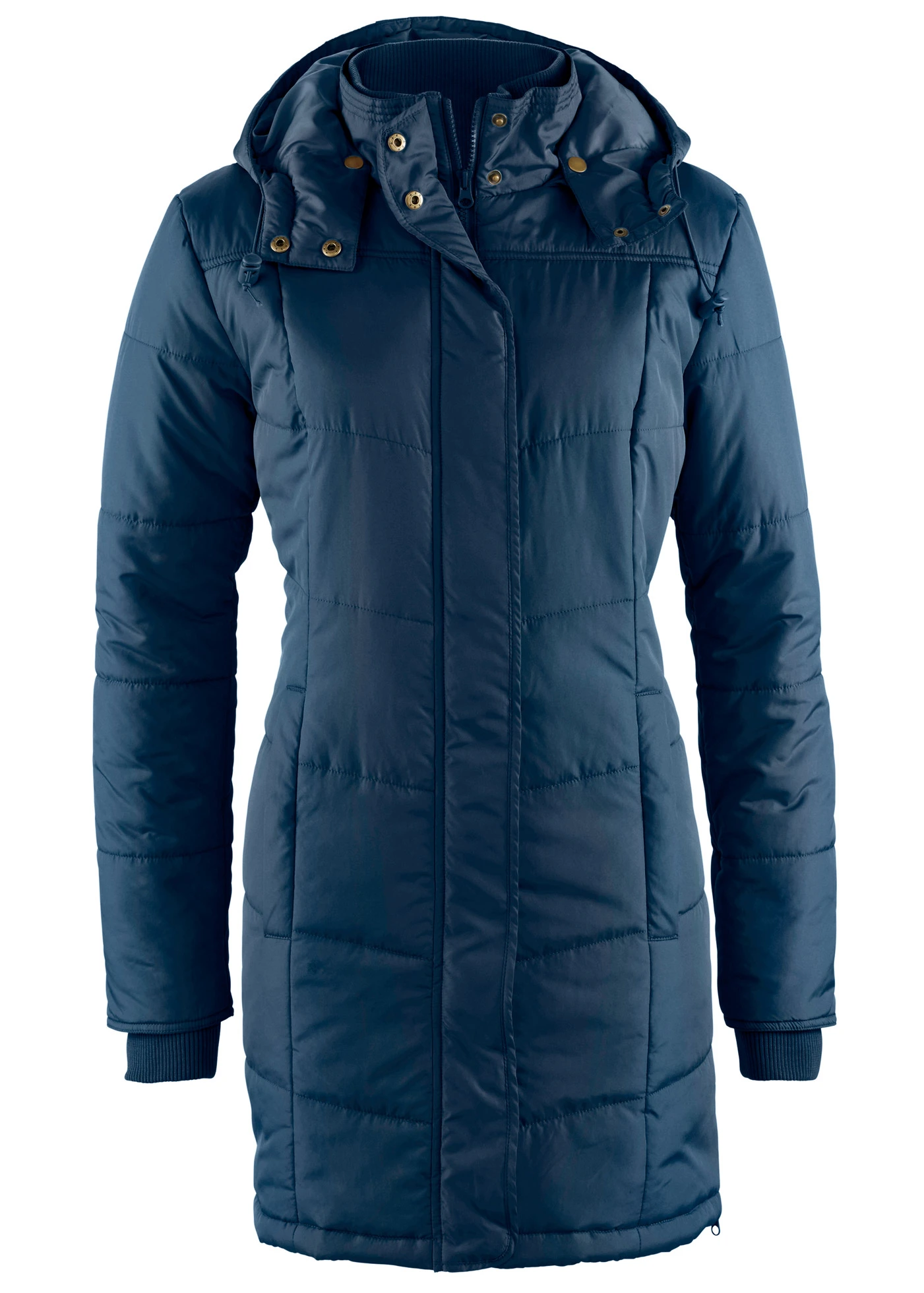 Dlouhá prošívaná bunda s límcem a kapucí, vatovaná • tmavě modrá • bonprix obchod