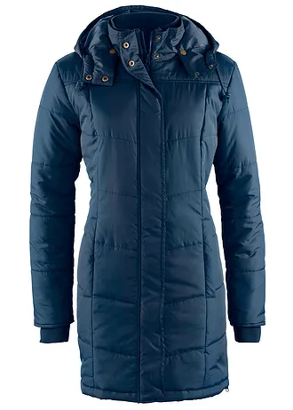 Dlouhá prošívaná bunda s límcem a kapucí, vatovaná, barva: tmavě modrá