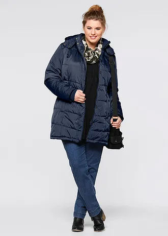 Dlouhá prošívaná bunda s límcem a kapucí, vatovaná, barva: tmavě modrá