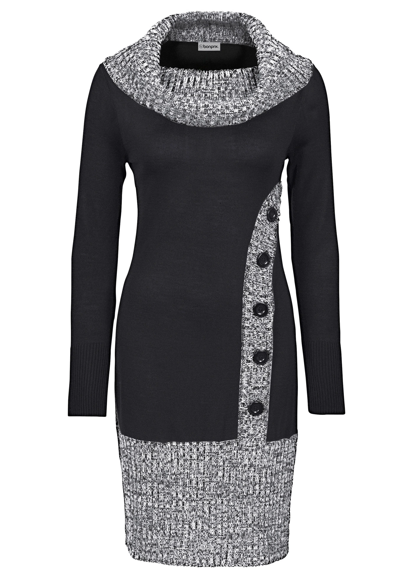 Robe ajustée en maille avec col châle • noir chiné • Boutique bonprix
