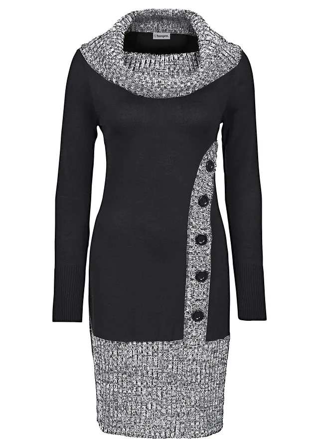 Robe ajustée en maille avec col châle • noir chiné • Boutique bonprix