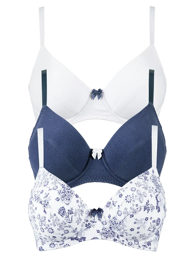 Lot de 3 soutiens-gorge coton à armatures, Couleur: indigo/blanc à fleurs + blanc + indigo