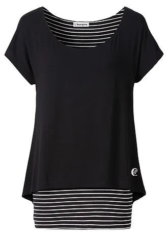 Dlouhé triko z měkké viskózové směsi, barva: černo-bílá s proužky