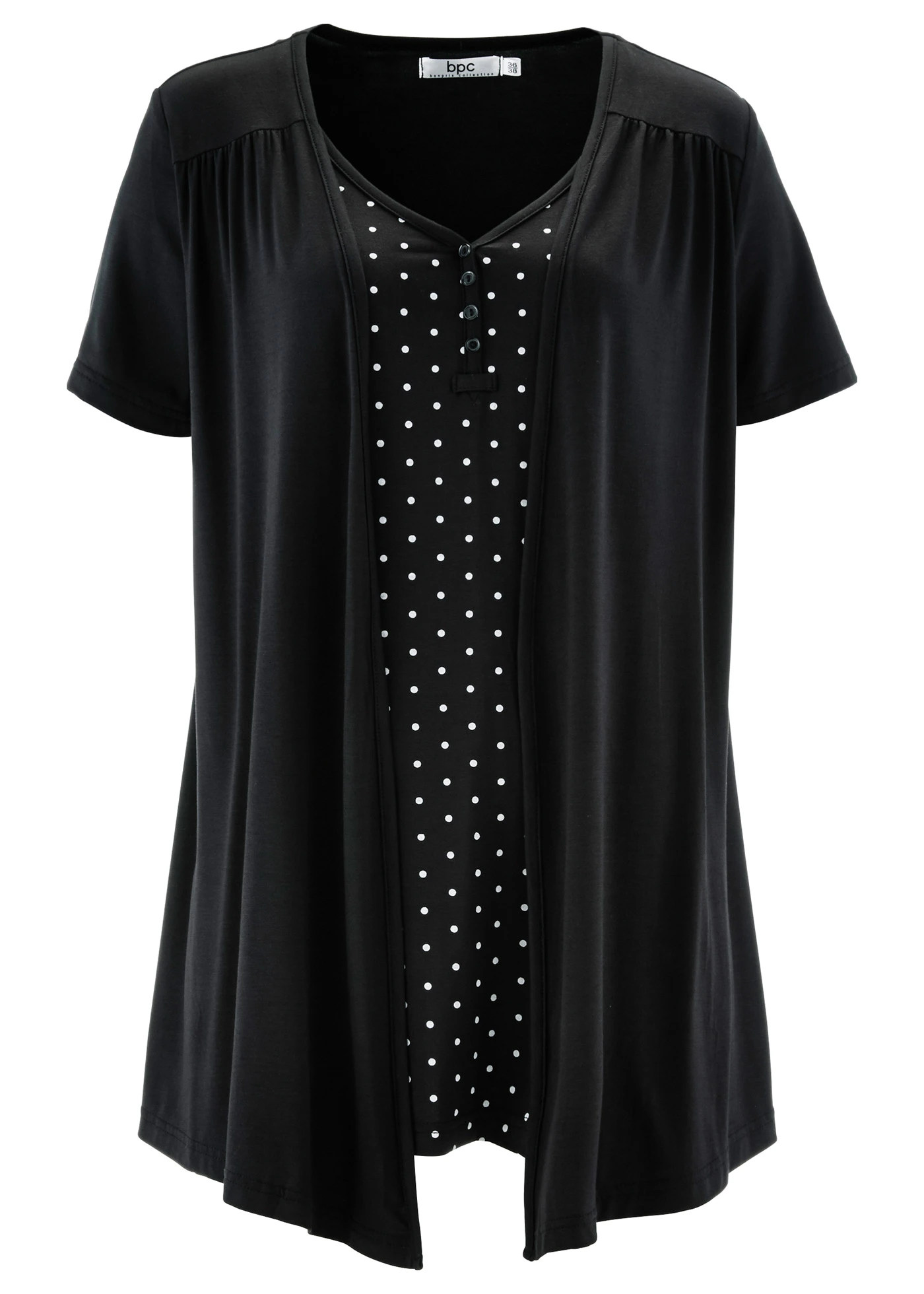 Tričko 2v1 s výstřihem do V, krátký rukáv • černo-bílé puntíky • bonprix obchod