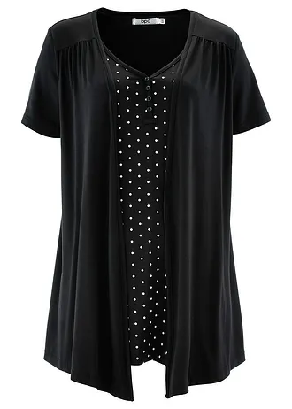 T-shirt 2en1 col V, manches courtes, Couleur: noir pois blanc