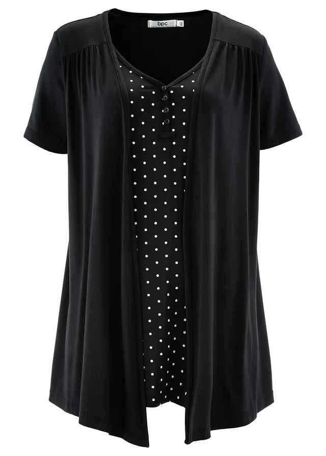 Tričko 2v1 s výstřihem do V, krátký rukáv • černo-bílé puntíky • bonprix obchod