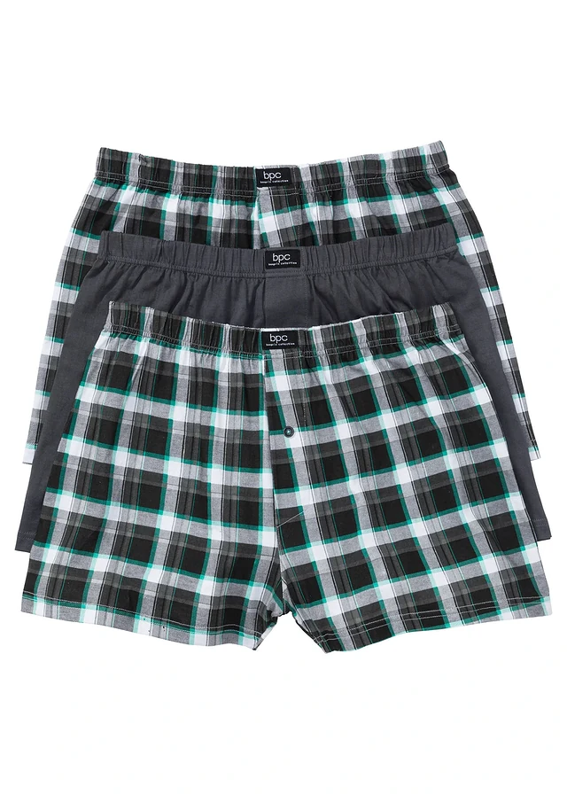 Wijde jersey boxershorts van katoen (set van 3), Kleur: geruit+grijs