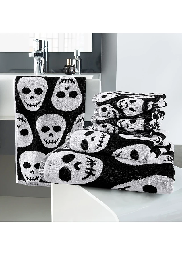 Serviette de toilette pur coton motif tête de mort, Couleur: noir / blanc