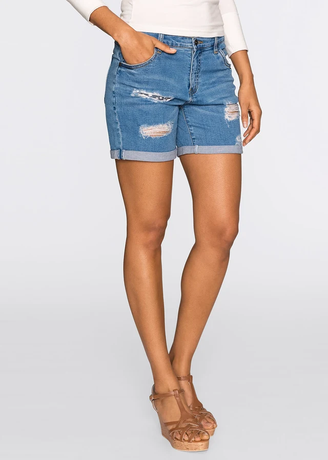 Short en jean destroyed, taille haute, Couleur: bleu clair denim used