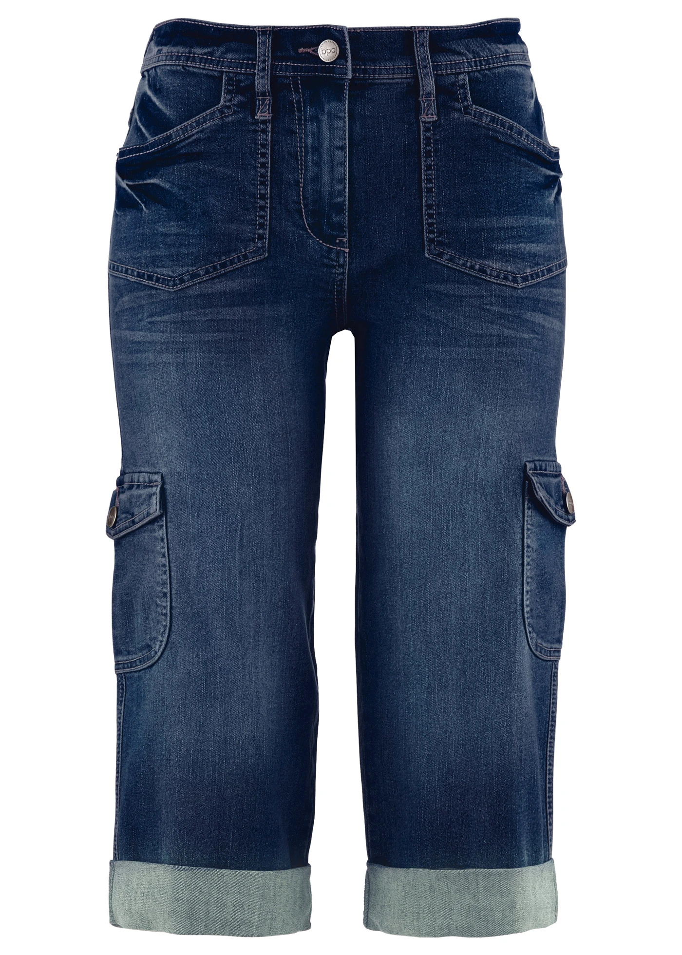 Jeansy bojówki mid waist, ze stretchem • ciemnoniebieski denim • sklep bonprix