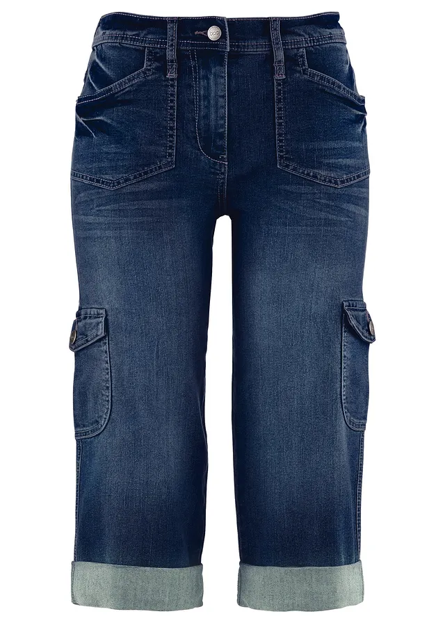 Jeansy bojówki mid waist, ze stretchem • ciemnoniebieski denim • sklep bonprix