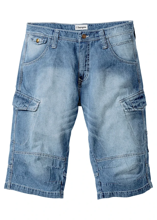 Lehké dlouhé džínové cargo bermudy, Relaxed Fit, barva: středně modrý denim