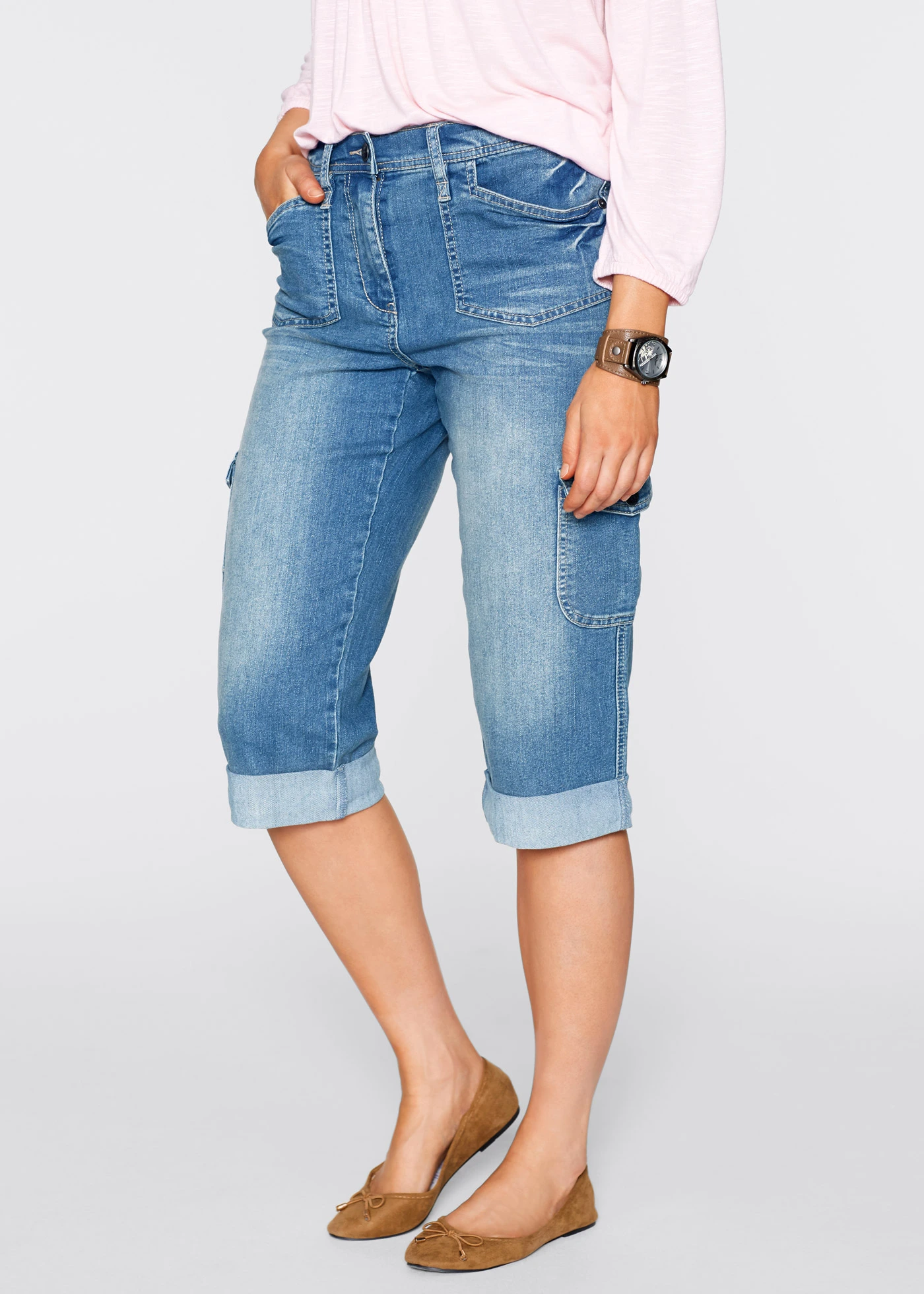 Jeansy bojówki mid waist, ze stretchem • jasnoniebieski denim • sklep bonprix