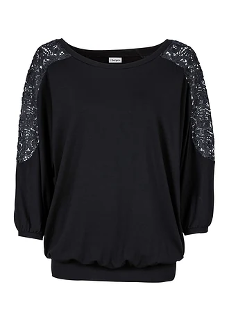 T-shirt oversize en viscose et dentelle, Couleur: noir