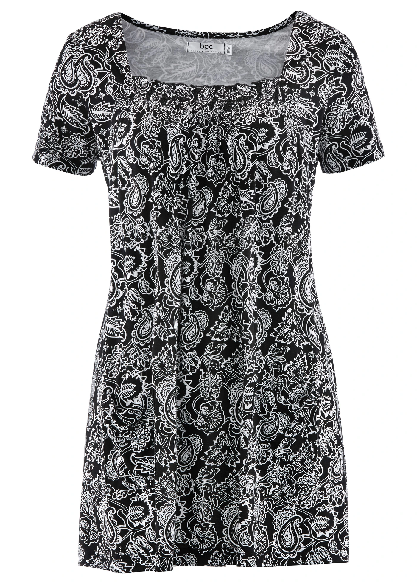 Úpletová tunika s krátkým rukávem • černo-bílá s kašmírovým potiskem • bonprix obchod