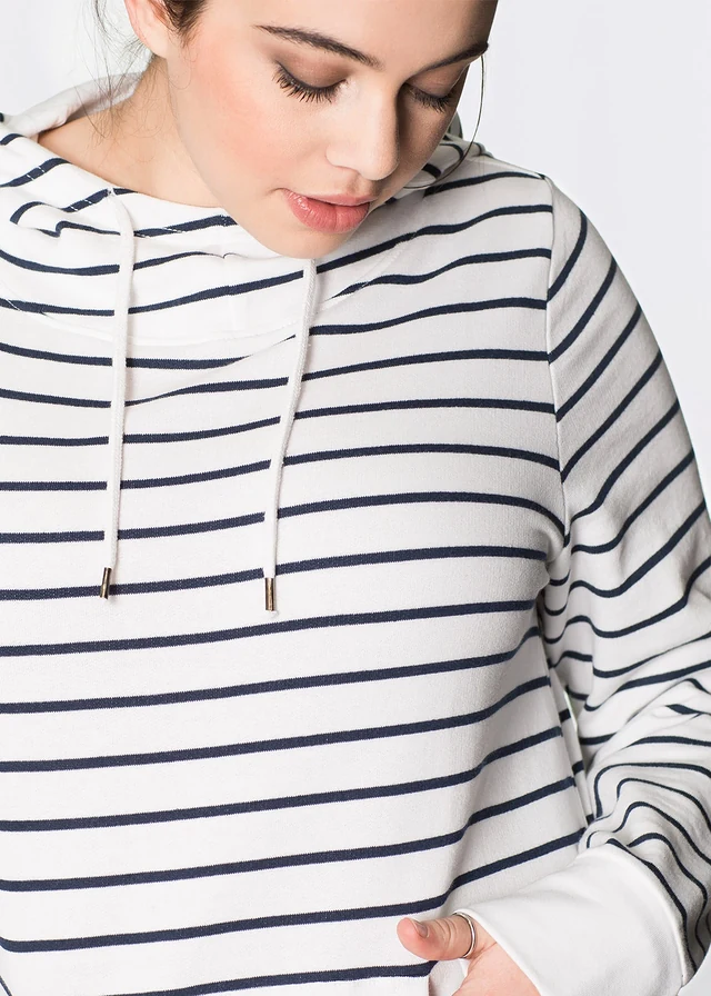 Sweat à capuche en coton mélangé, Couleur: blanc/bleu foncé rayé