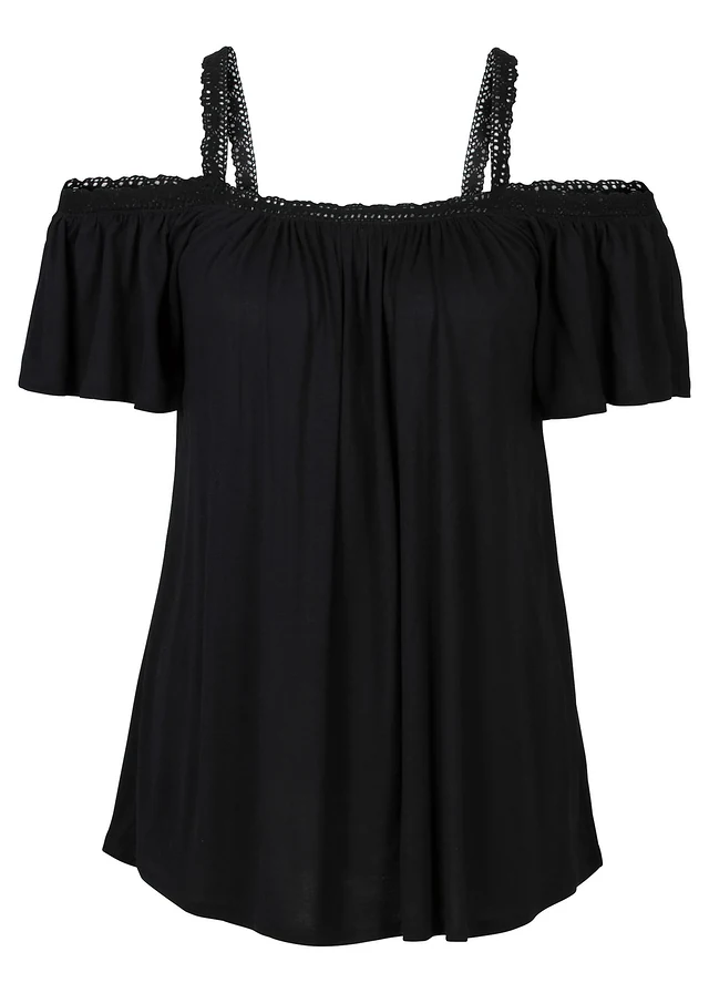 T-shirt à épaules dénudées en viscose douce, Couleur: noir